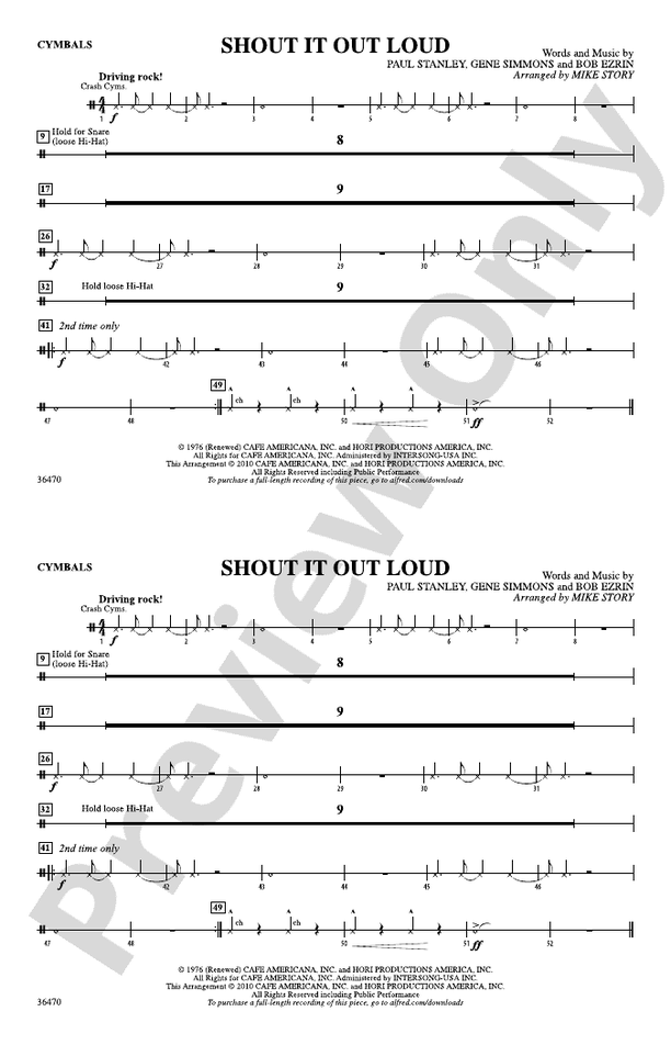 Shout It Out Loud Cymbals Cymbals Part Digital Sheet Music Download