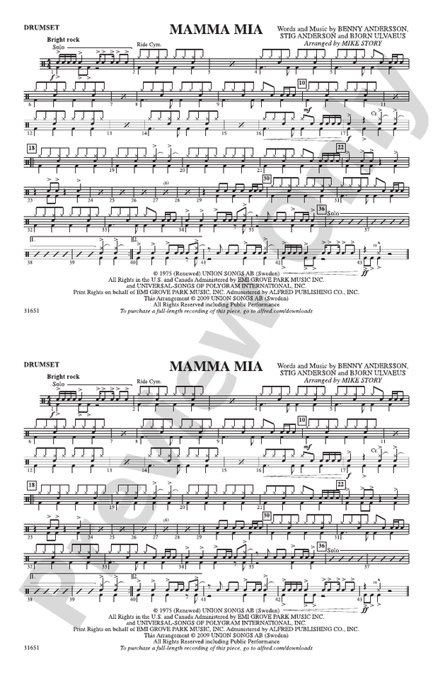 Mamma Mia: Drumset: Drumset Part - Digital Sheet Music Download