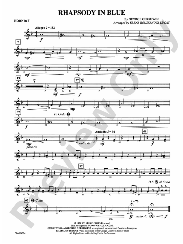 Rhapsody in Blue™: 1st F Horn: 1st F Horn Part - Digital Sheet Music ...