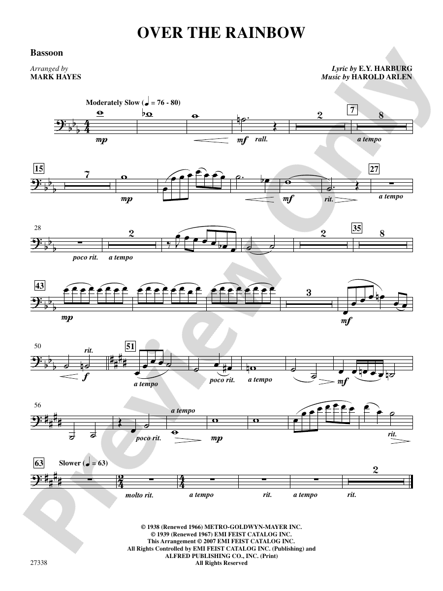 Over The Rainbow From The Musical The Wizard Of Oz Bassoon Bassoon Part Digital Sheet 8746