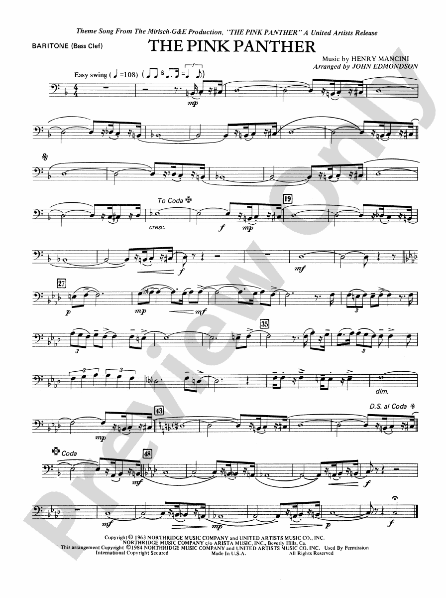 The Pink Panther: Baritone B.C.: Baritone B.C. Part - Digital Sheet ...