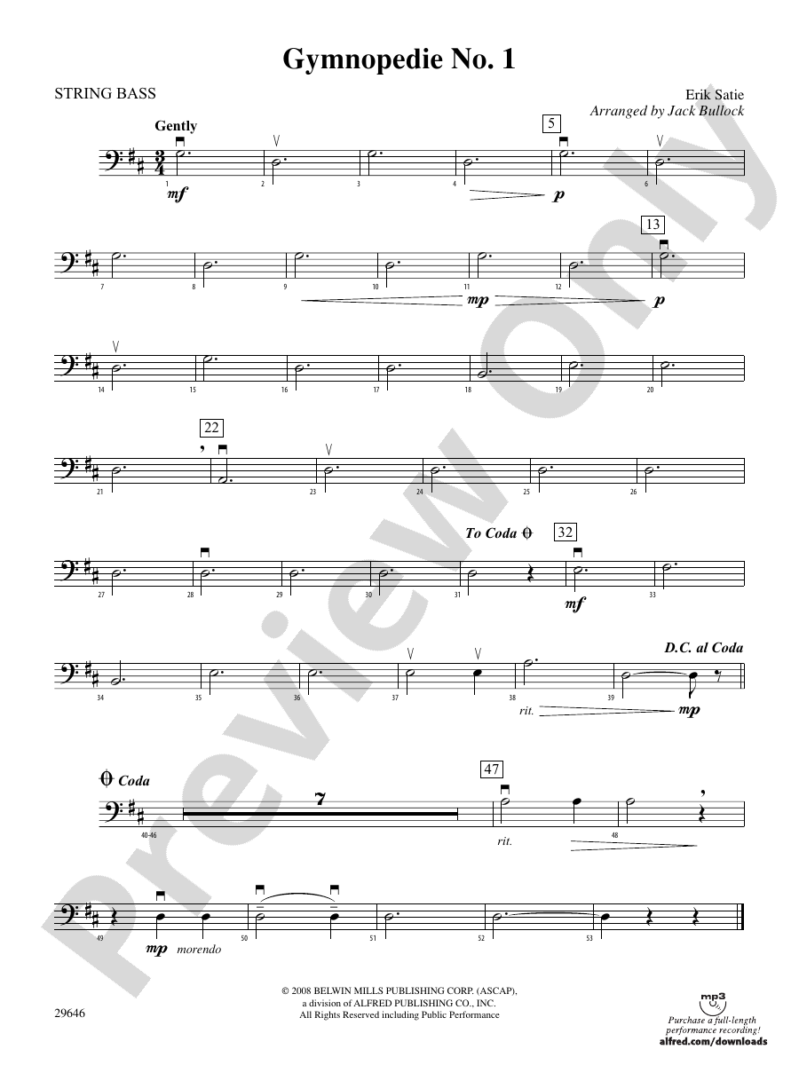 Gymnopedie No. 1 String Bass String Bass Part Digital Sheet Music