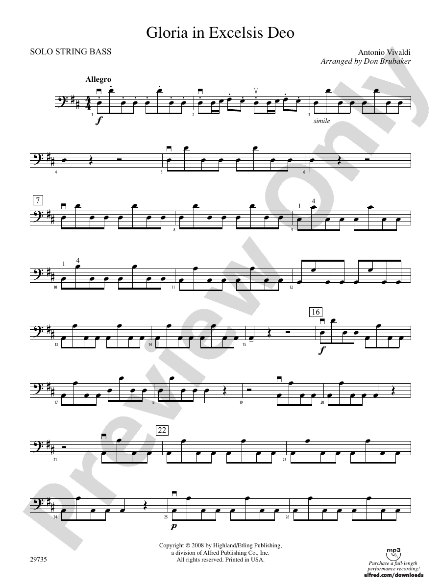 Gloria In Excelsis Deo Solo String Bass Solo String Bass Part
