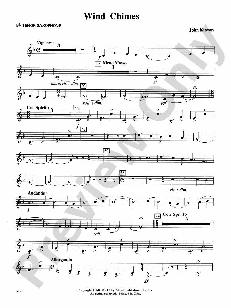 Wind Chimes Bflat Tenor Saxophone Bflat Tenor Saxophone Part