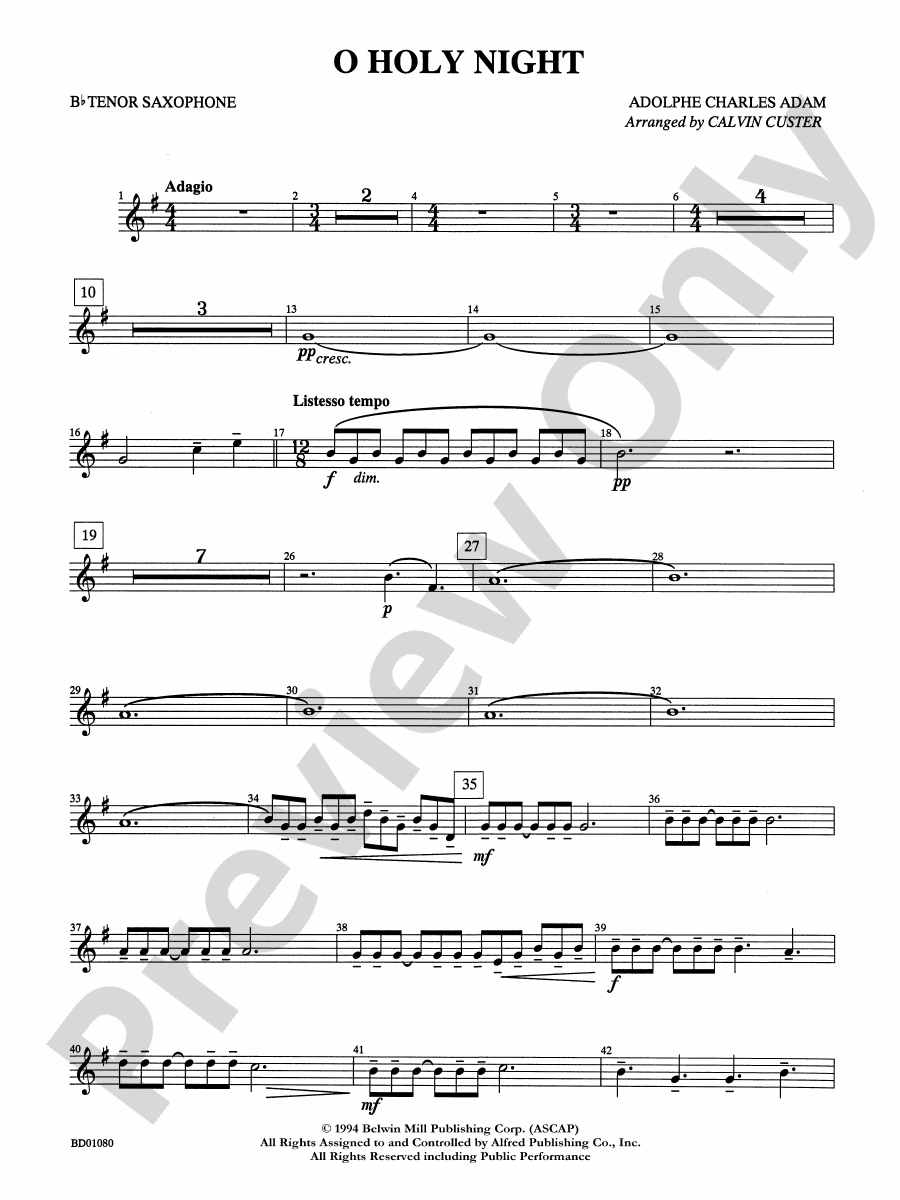 O Holy Night Bflat Tenor Saxophone Bflat Tenor Saxophone Part Digital Sheet Music Download