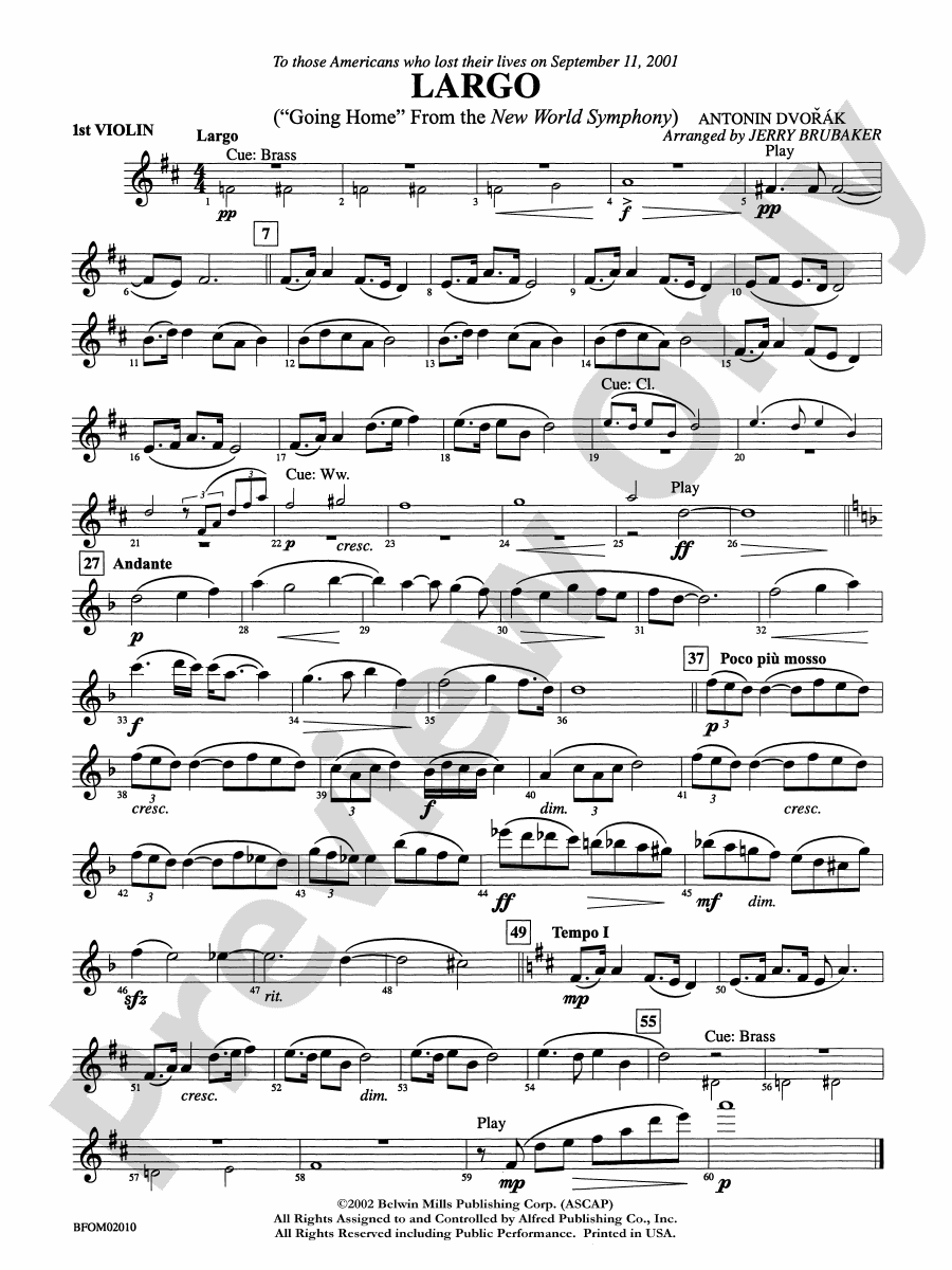 Largo ("Going Home" from the New World Symphony): 1st Violin: 1st ...
