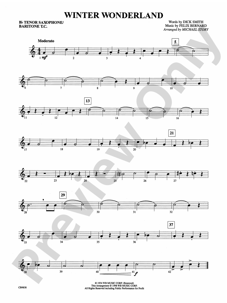 Winter Wonderland Bflat Tenor Saxophone Bflat Tenor Saxophone Part