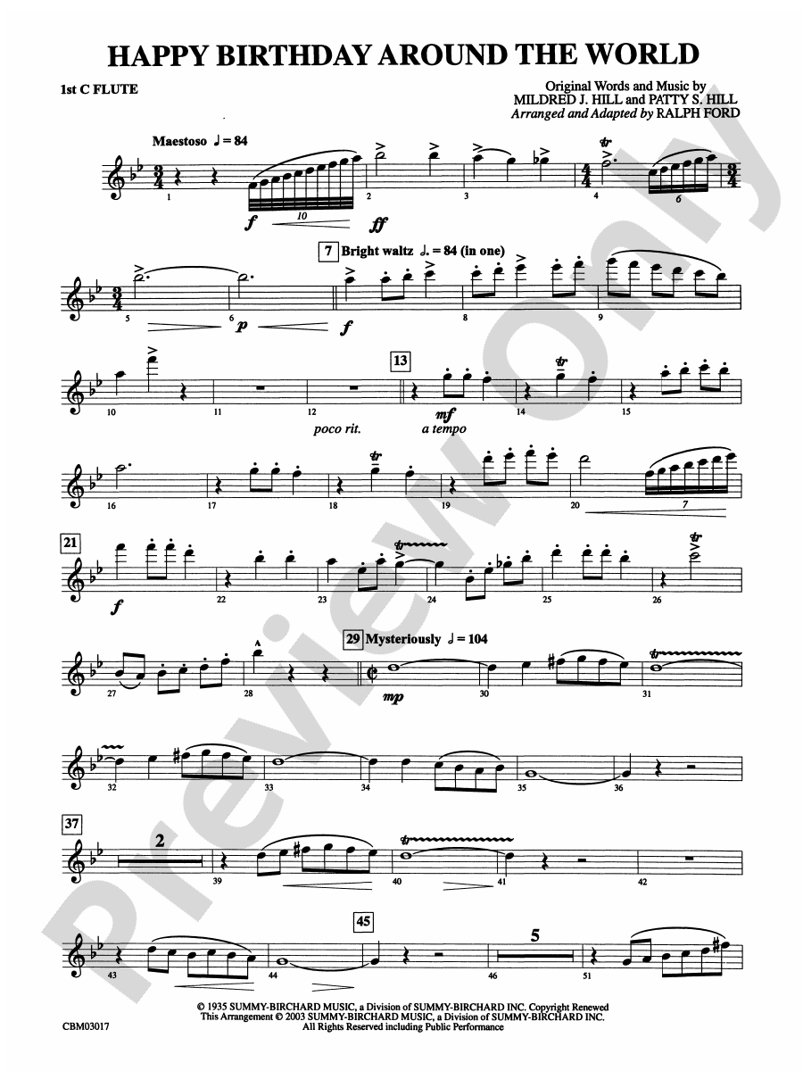Happy Birthday Around the World Flute Flute Part Digital Sheet