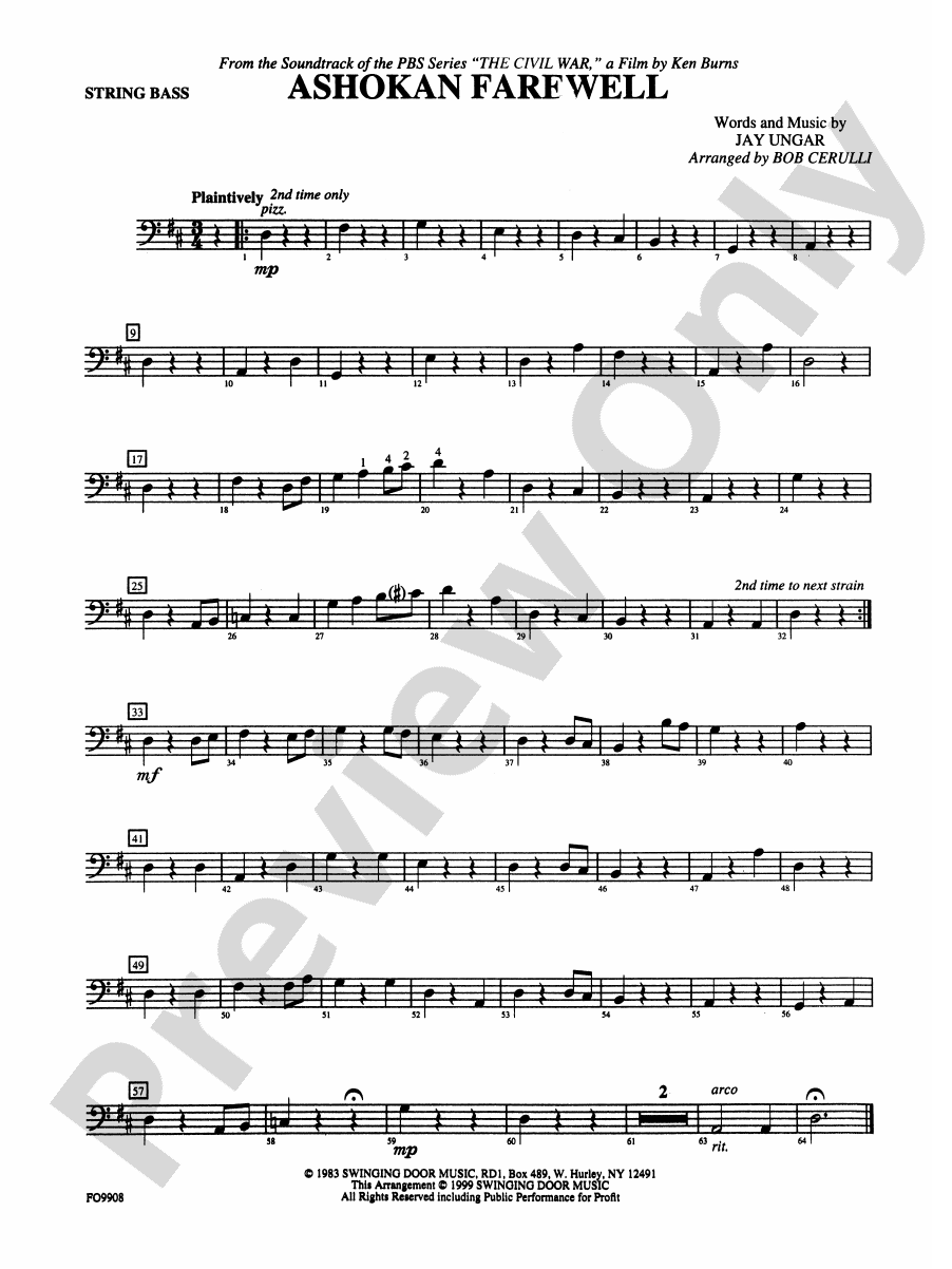 Ashokan Farewell String Bass String Bass Part Digital Sheet Music Download