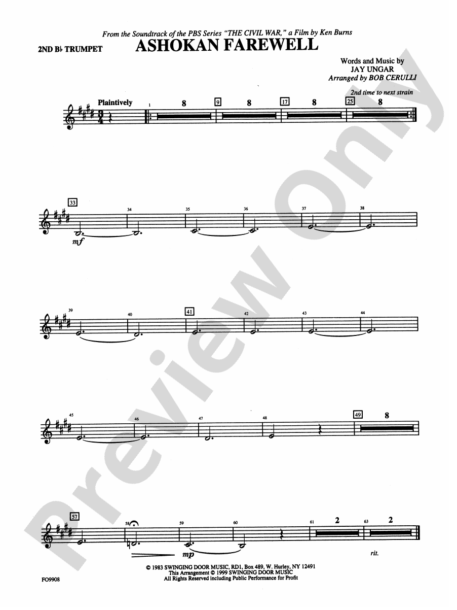 Ashokan Farewell 2nd Bflat Trumpet 2nd Bflat Trumpet Part Digital