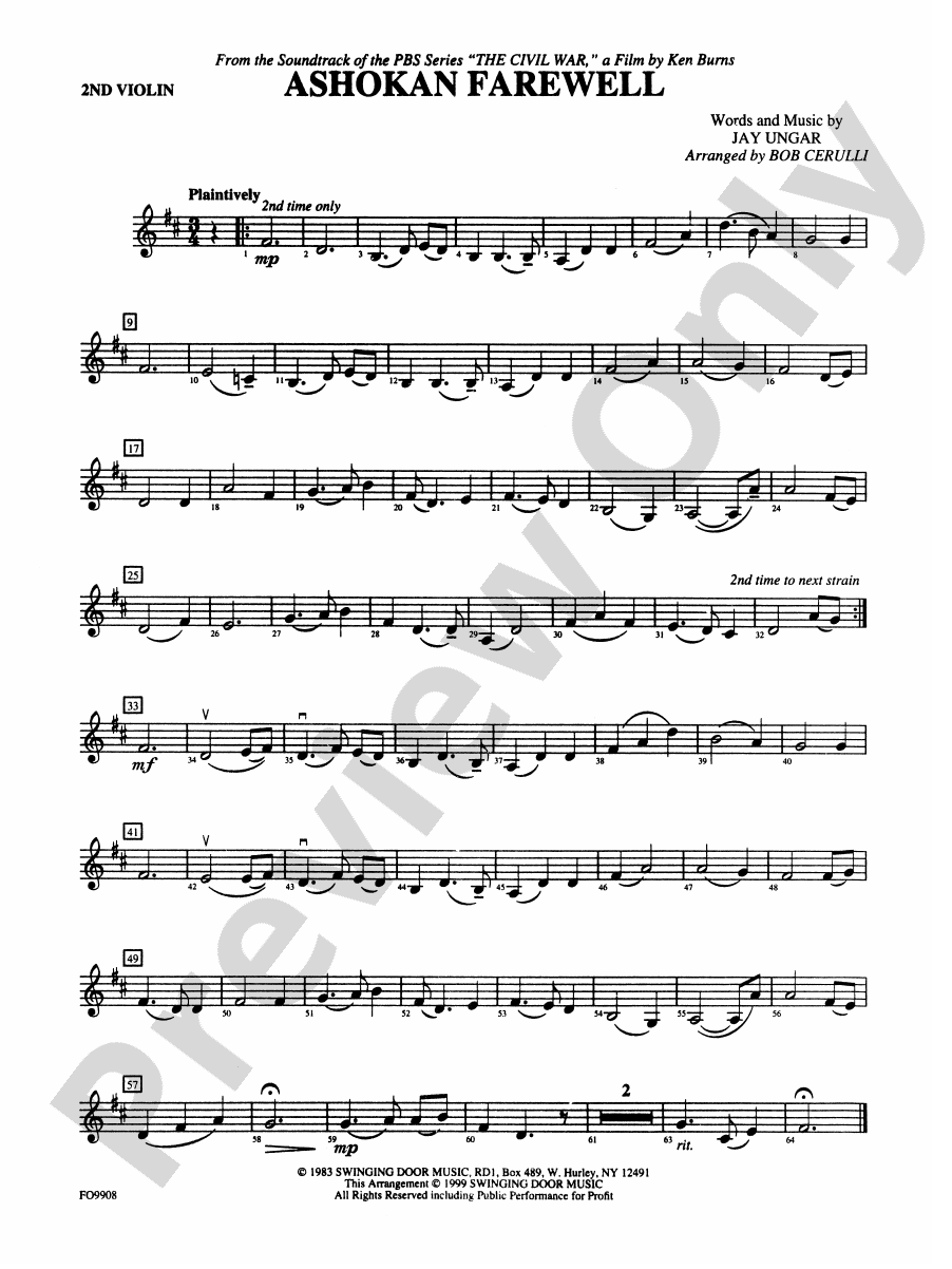 Ashokan Farewell 2nd Violin 2nd Violin Part Digital Sheet Music