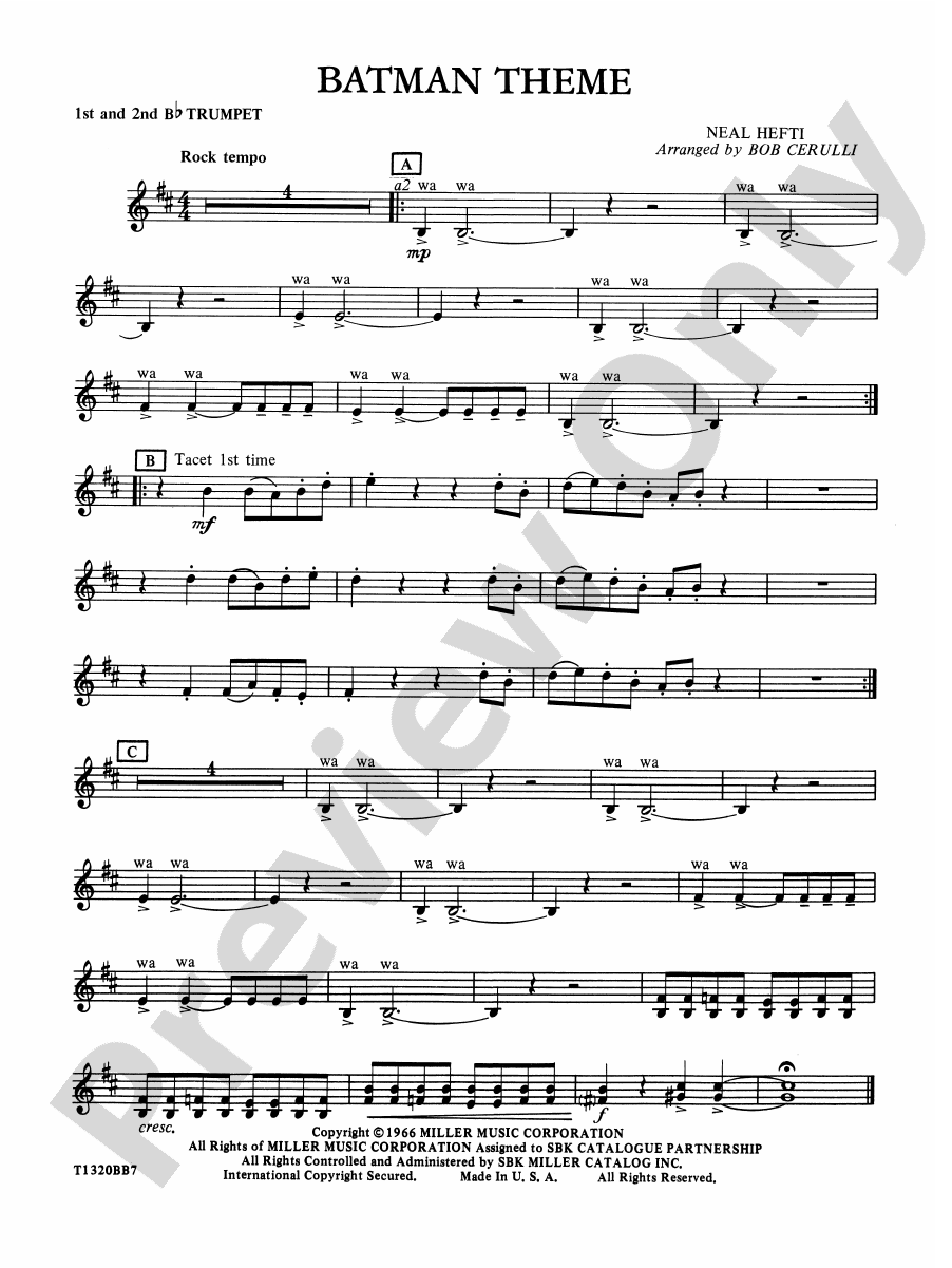 Batman Theme: 1st & 2nd B-flat Trumpets: 1st & 2nd B-flat Trumpets Part ...