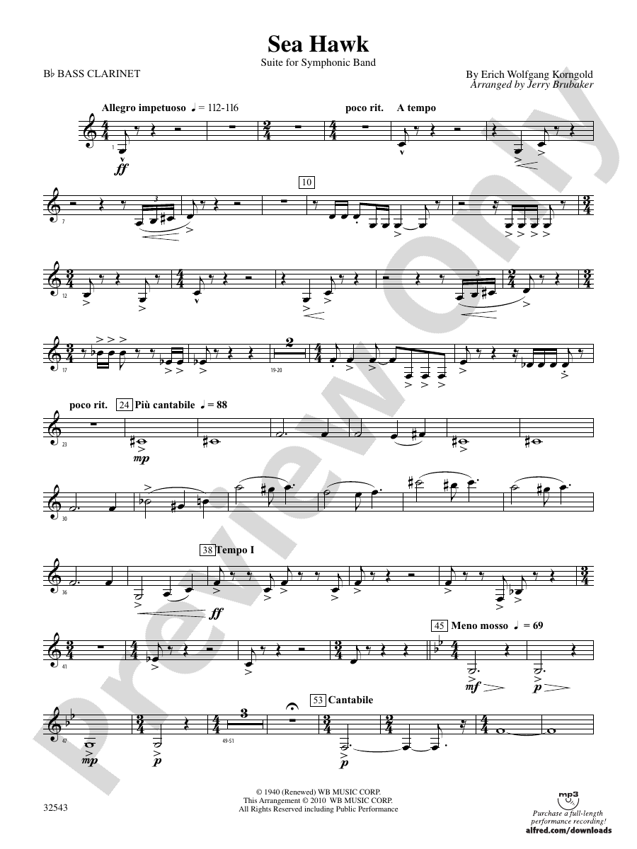 Sea Hawk B Flat Bass Clarinet B Flat Bass Clarinet Part Digital Sheet Music Download 9801