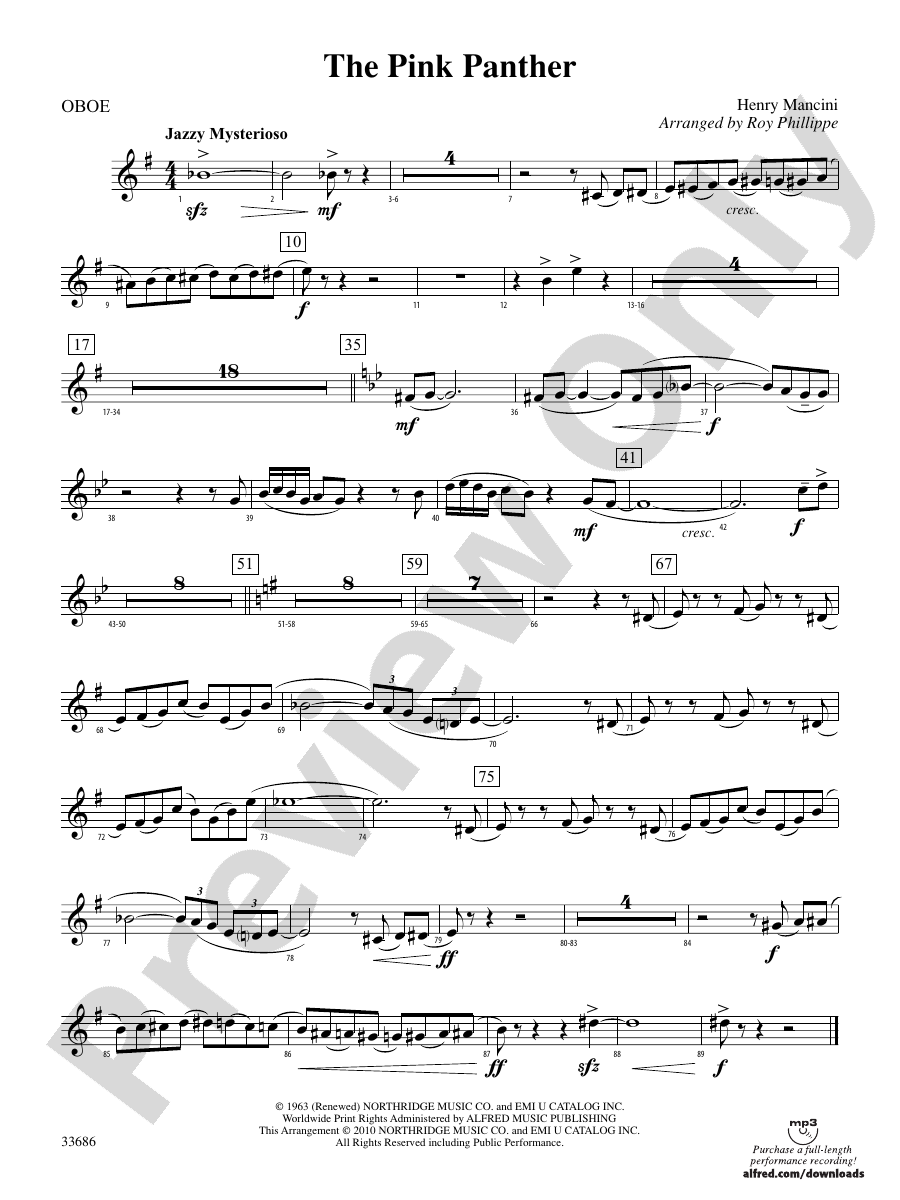 The Pink Panther Oboe Oboe Part Digital Sheet Music Download