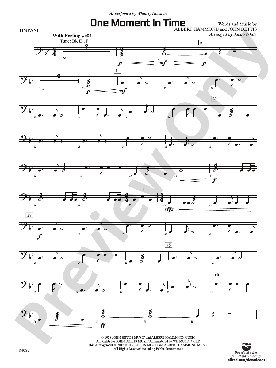 One Moment in Time Timpani Timpani Part Digital Sheet Music Download