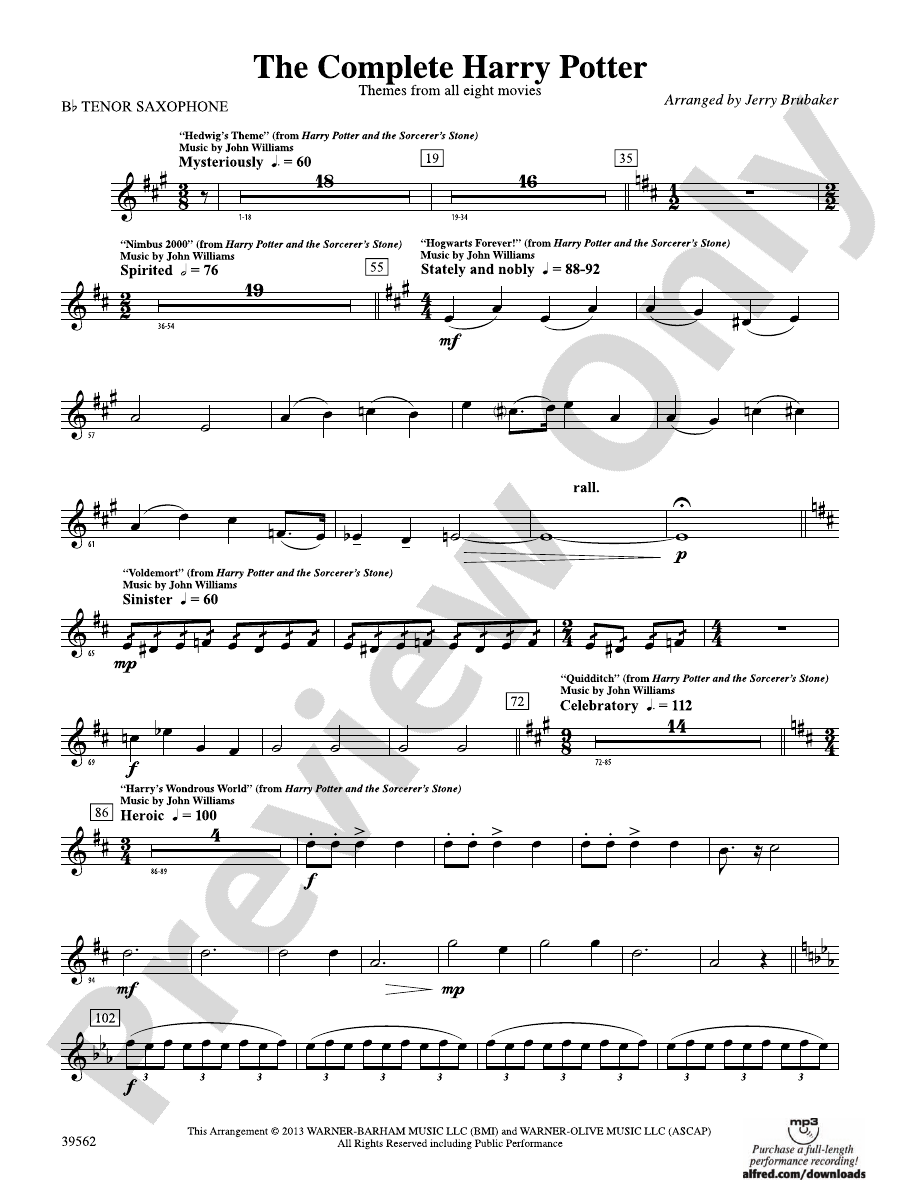 The Complete Harry Potter Bflat Tenor Saxophone Bflat Tenor