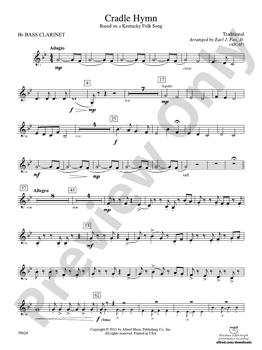 Cradle Hymn Bflat Bass Bflat Bass Part Digital Sheet Music Download