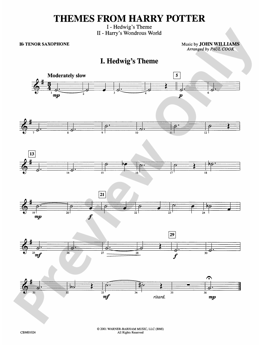 Harry Potter Themes From B Flat Tenor Saxophone B Flat Tenor Saxophone Part Digital Sheet