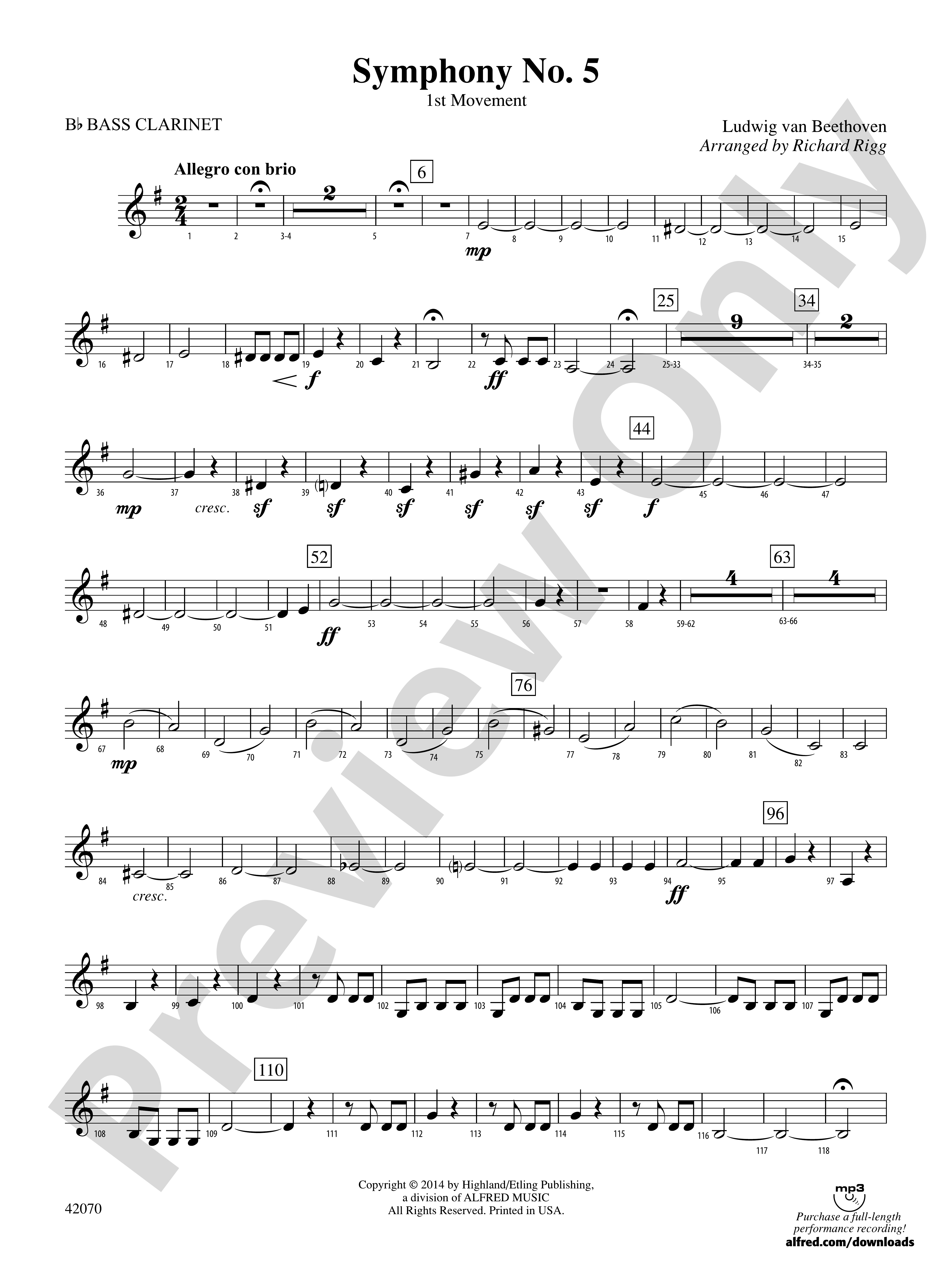 Symphony No 5 B Flat Bass Clarinet B Flat Bass Clarinet Part Digital Sheet Music Download 