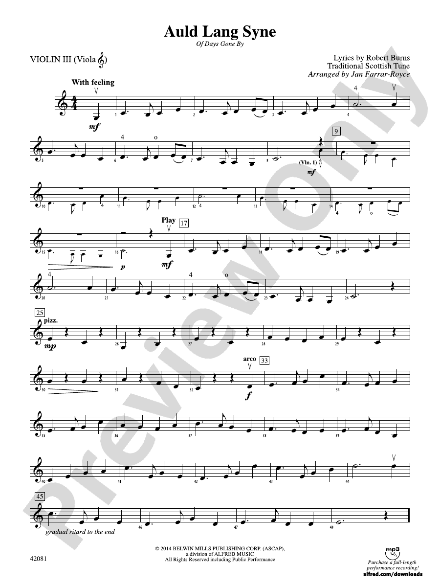 Auld Lang Syne 3rd Violin Viola Tc 3rd Violin Viola Tc Part Digital Sheet Music Download 1169