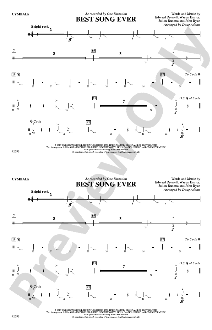 Best Song Ever Cymbals Cymbals Part Digital Sheet Music Download
