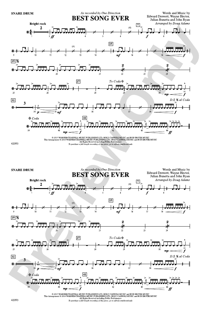 Best Song Ever: Snare Drum: Snare Drum Part - Digital Sheet Music Download
