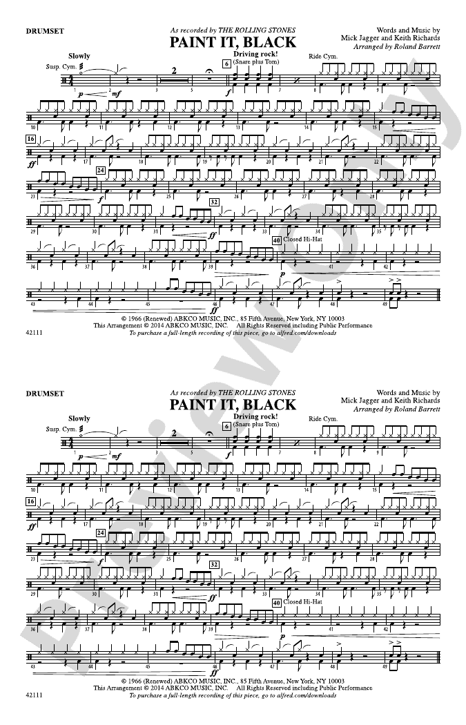 Paint It, Black Drums Drums Part Digital Sheet Music Download