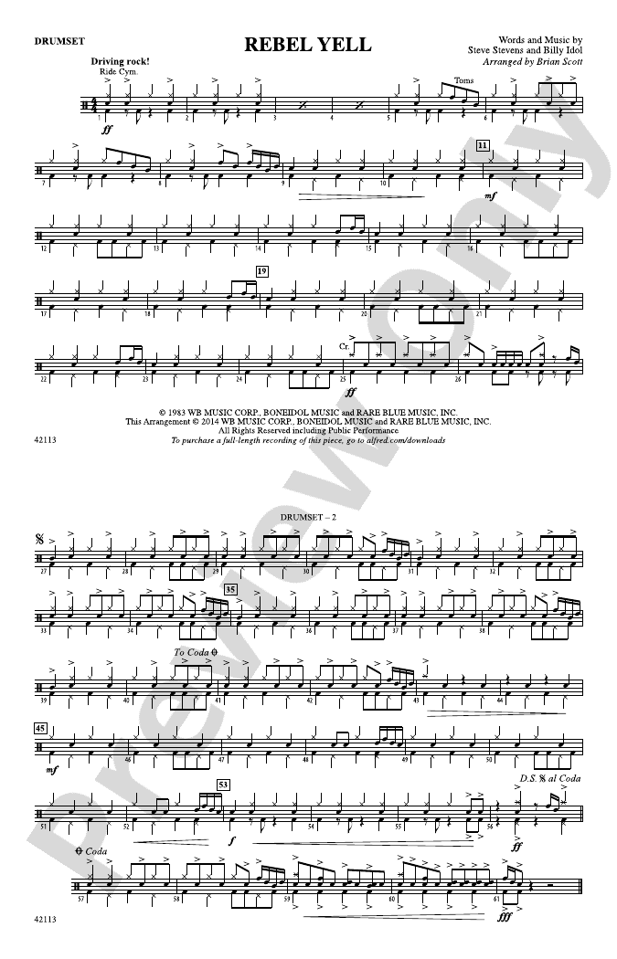 Rebel Yell Drums Drums Part Digital Sheet Music Download