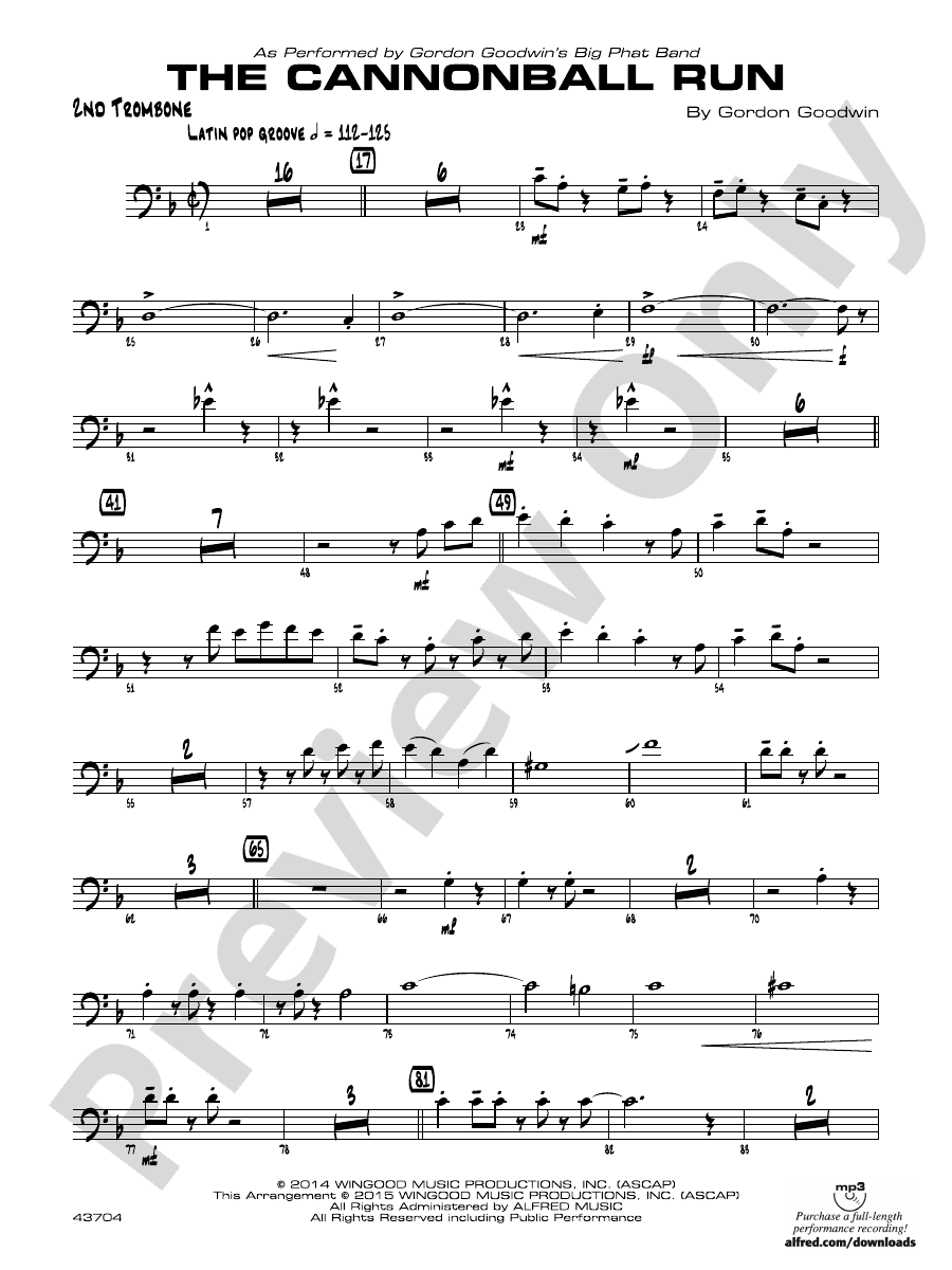 The Cannonball Run 2nd Trombone 2nd Trombone Part Digital Sheet