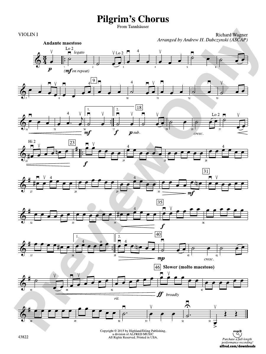 Pilgrim's Chorus (from Tannhäuser) 1st Violin 1st Violin Part
