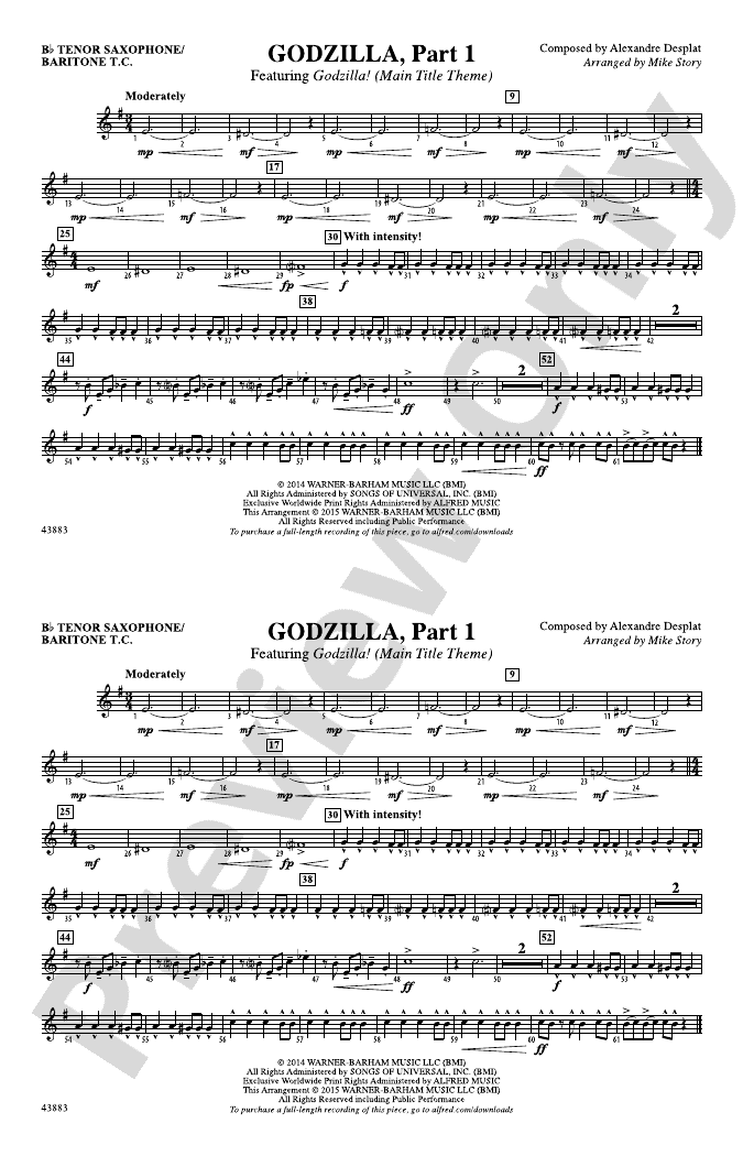 Godzilla, Part 1 Bb Tenor Saxophone/Bartione Treble Clef Bb Tenor