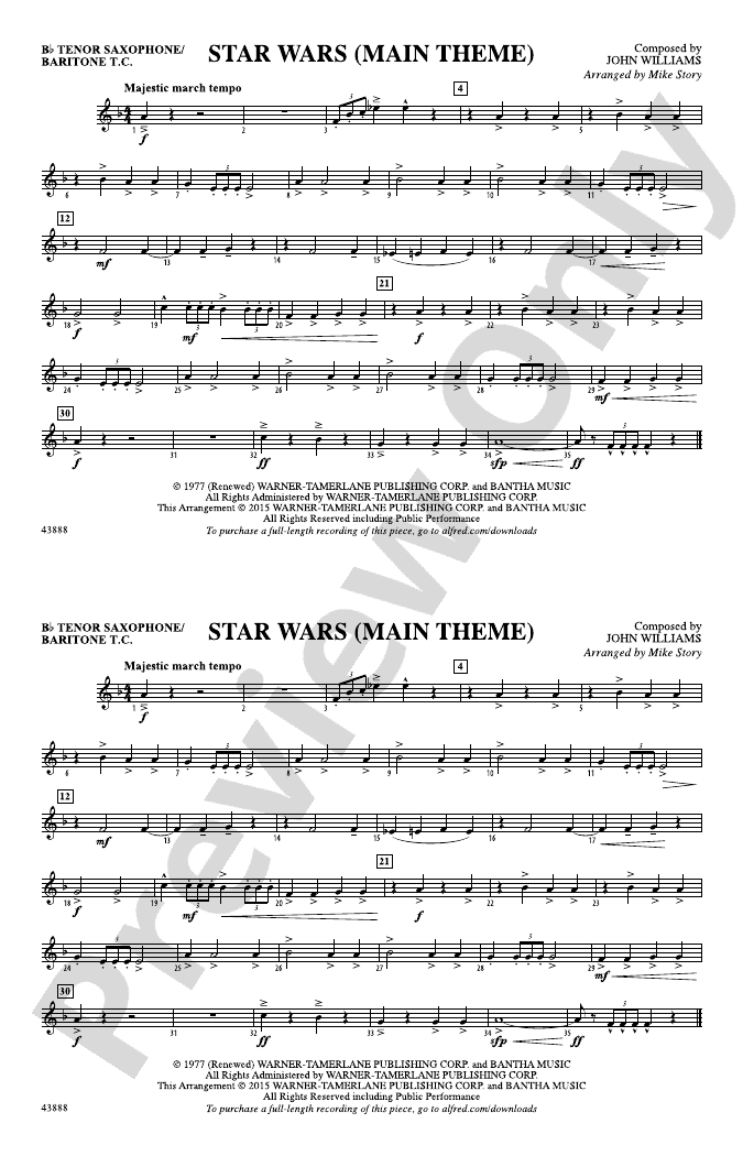 Star Wars (Main Theme) Bb Tenor Saxophone/Bartione Treble Clef Bb