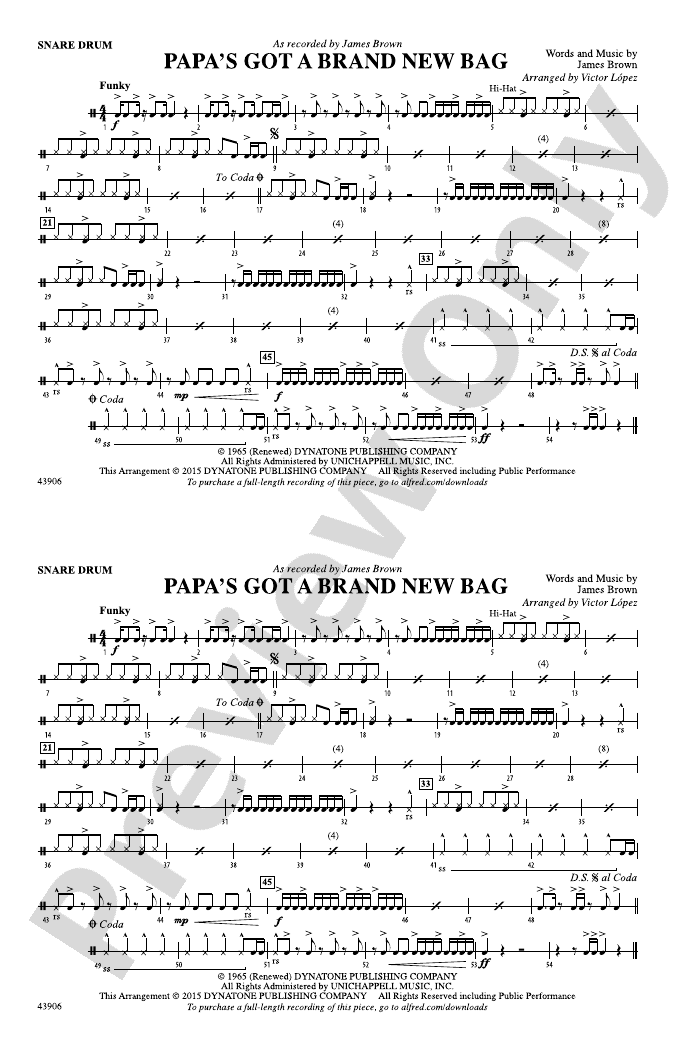 Papa's Got a Brand New Bag Snare Drum Snare Drum Part Digital Sheet