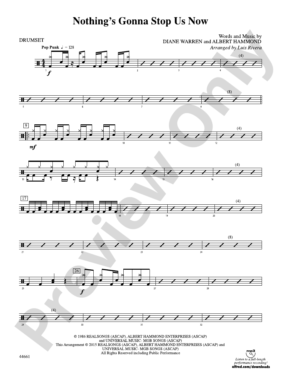 Nothing's Gonna Stop Us Now Drums Drums Part Digital Sheet Music