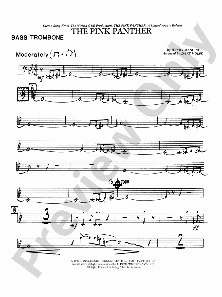 The Pink Panther Bass Trombone Bass Trombone Part Digital Sheet