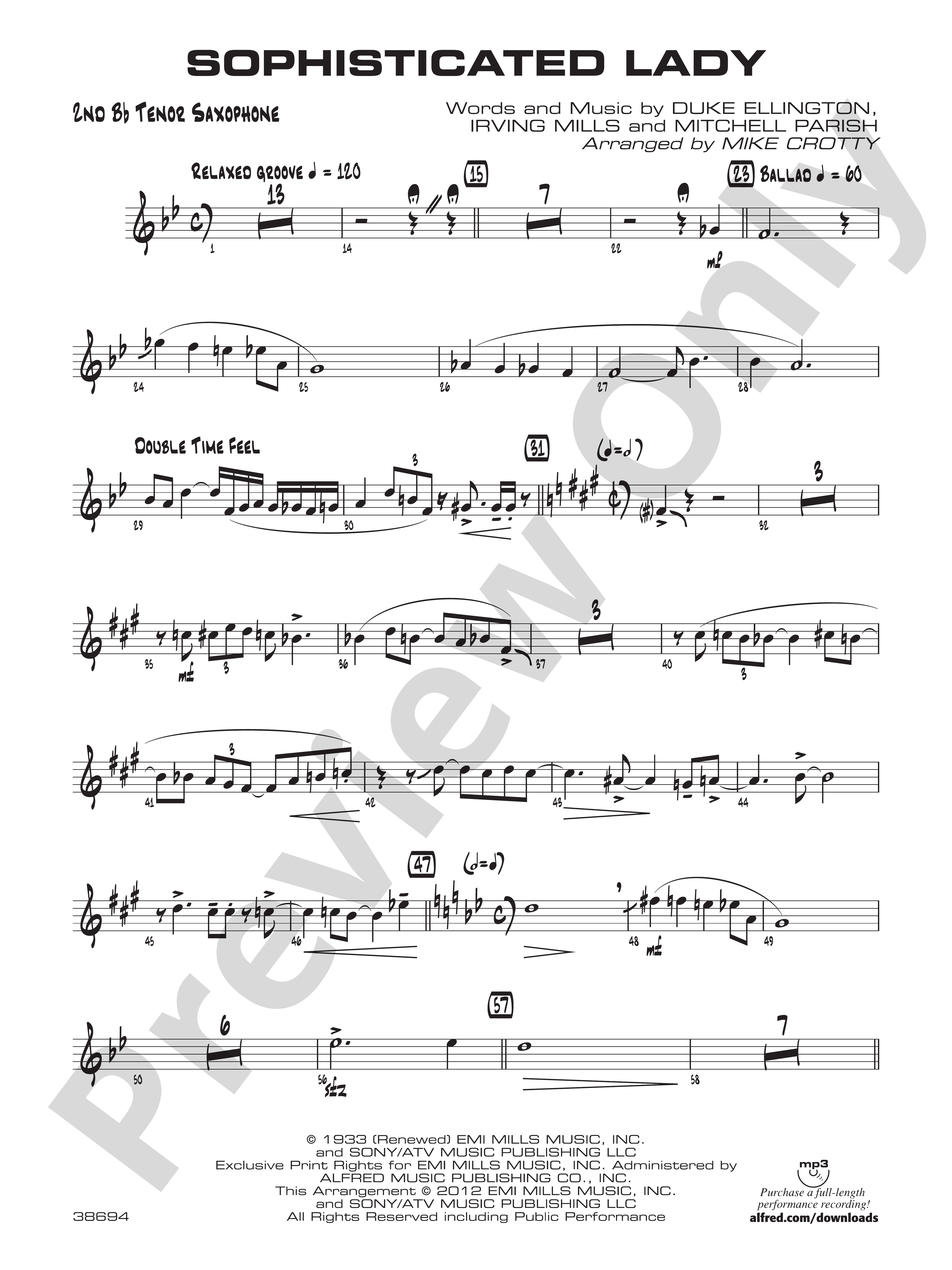 Sophisticated Lady 2nd B Flat Tenor Saxophone 2nd B Flat Tenor Saxophone Part Digital Sheet 