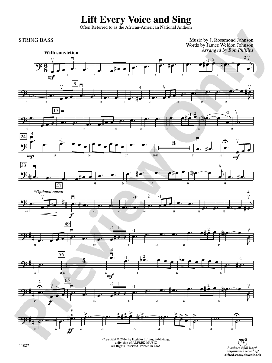 Lift Every Voice and Sing String Bass String Bass Part Digital Sheet Music Download