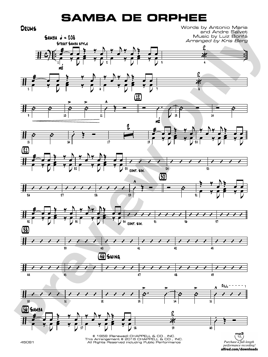 Samba De Orphee Drums Drums Part Digital Sheet Music Download