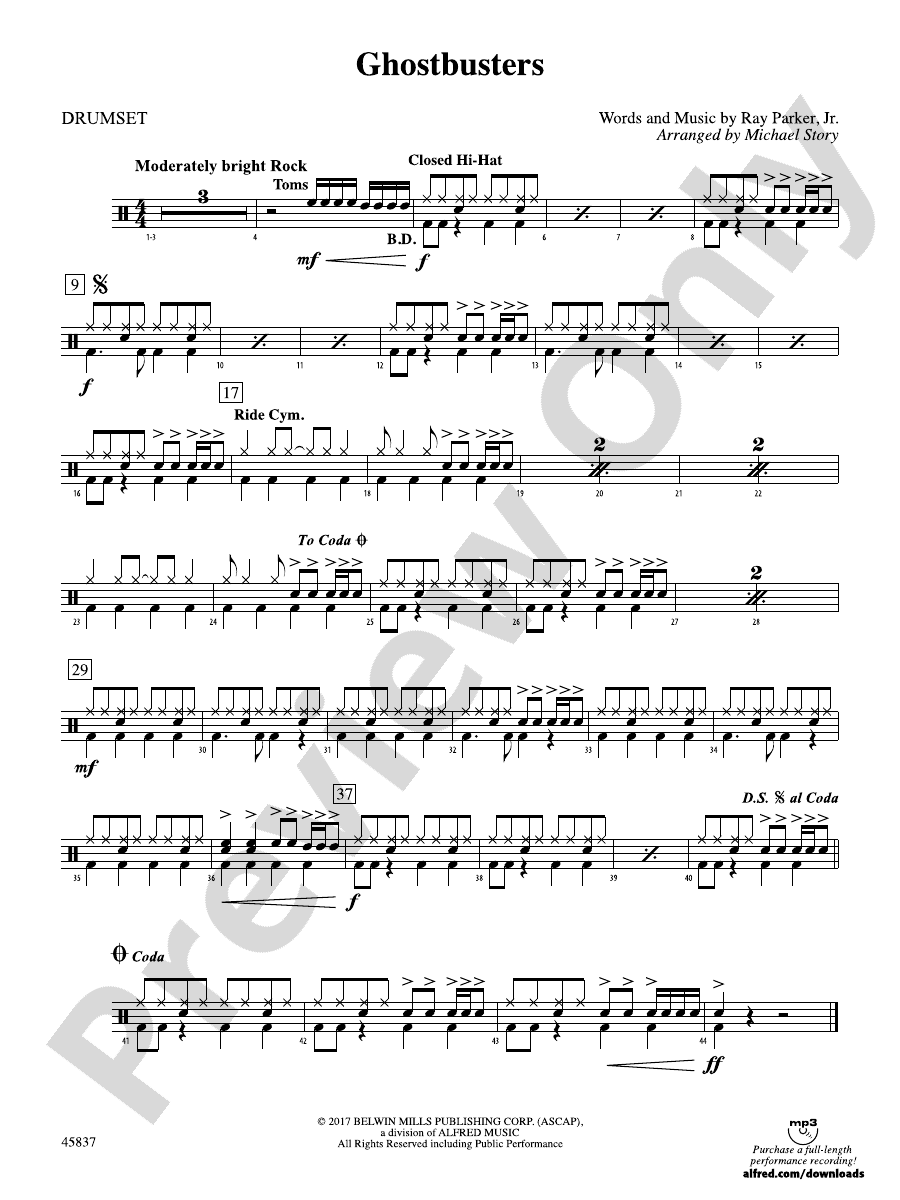 Ghostbusters Drums Drums Part Digital Sheet Music Download