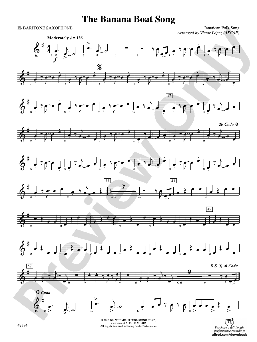 The Banana Boat Song Eflat Baritone Saxophone Eflat Baritone