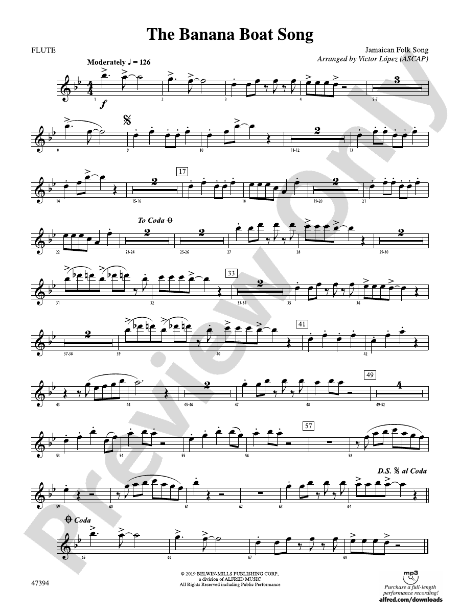The Banana Boat Song Flute Flute Part Digital Sheet Music Download