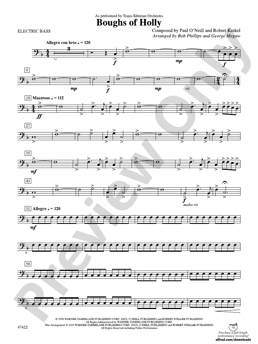 Boughs of Holly Electric Bass Electric Bass Part Digital Sheet