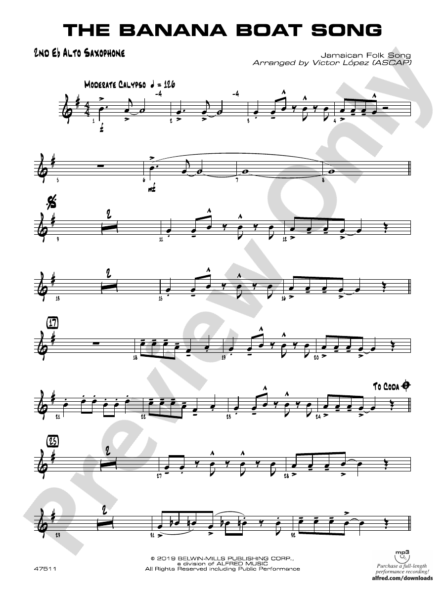 The Banana Boat Song 2nd Eflat Alto Saxophone 2nd Eflat Alto