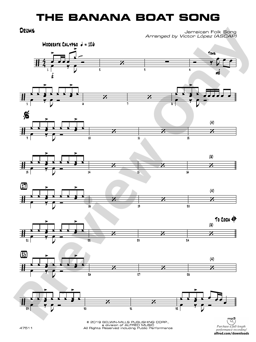 The Banana Boat Song Drums Drums Part Digital Sheet Music Download