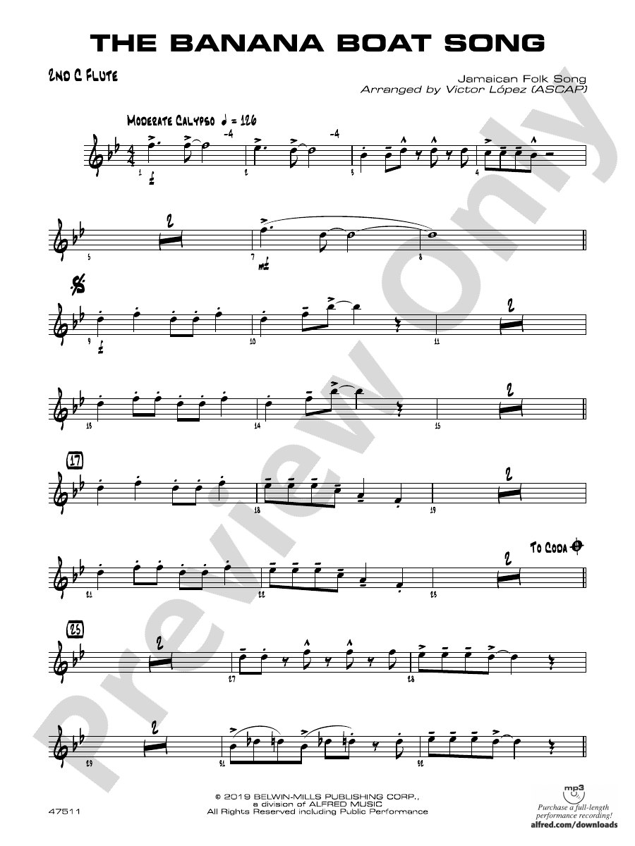 The Banana Boat Song 2nd Flute 2nd Flute Part Digital Sheet Music Download