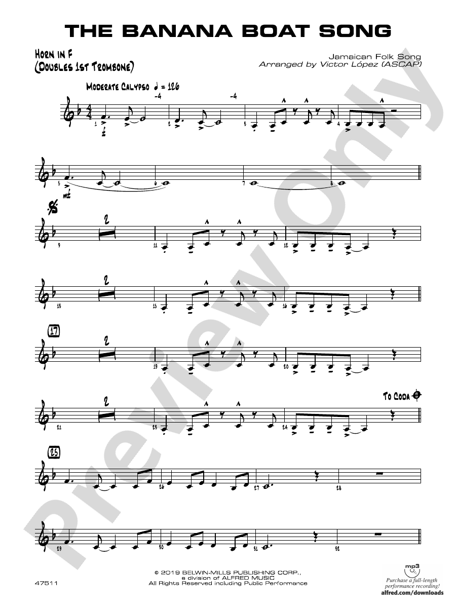 The Banana Boat Song 1st F Horn 1st F Horn Part Digital Sheet Music