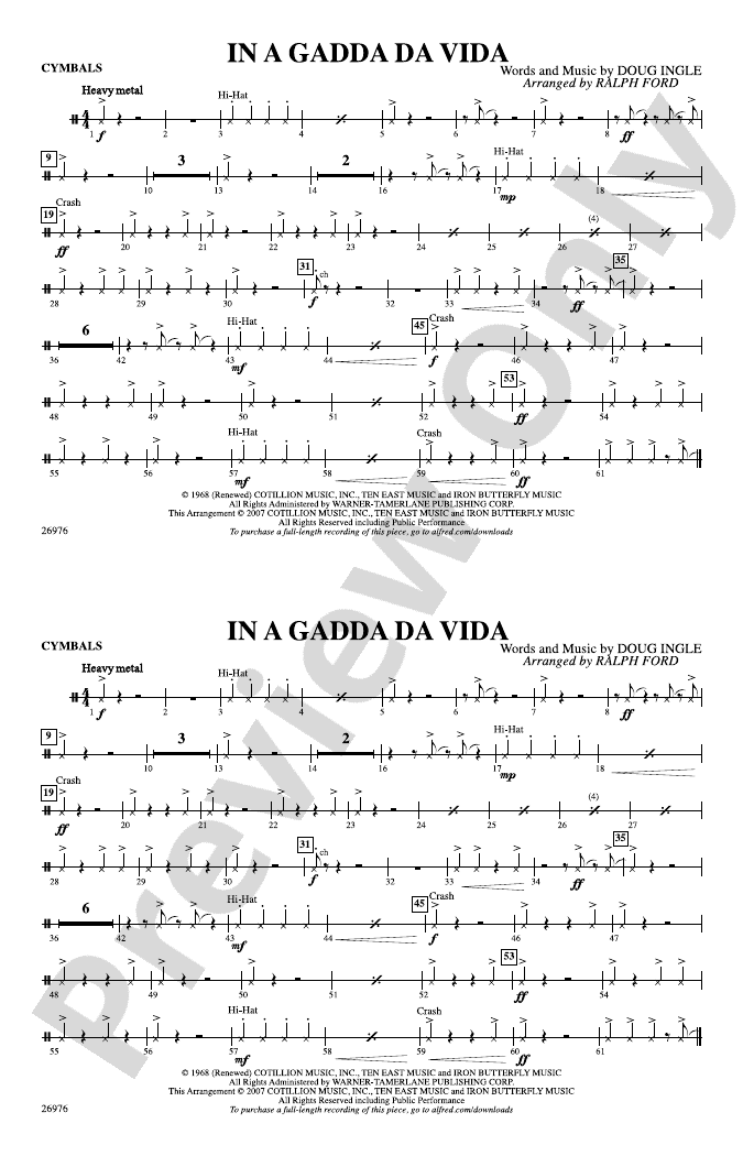 In A Gadda Da Vida Cymbals Cymbals Part Digital Sheet Music Download