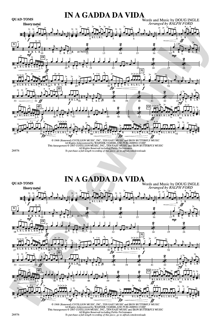 In A Gadda Da Vida QuadToms QuadToms Part Digital Sheet Music Download
