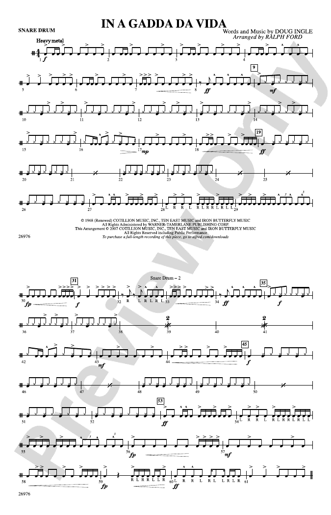 In A Gadda Da Vida Snare Drum Snare Drum Part Digital Sheet Music