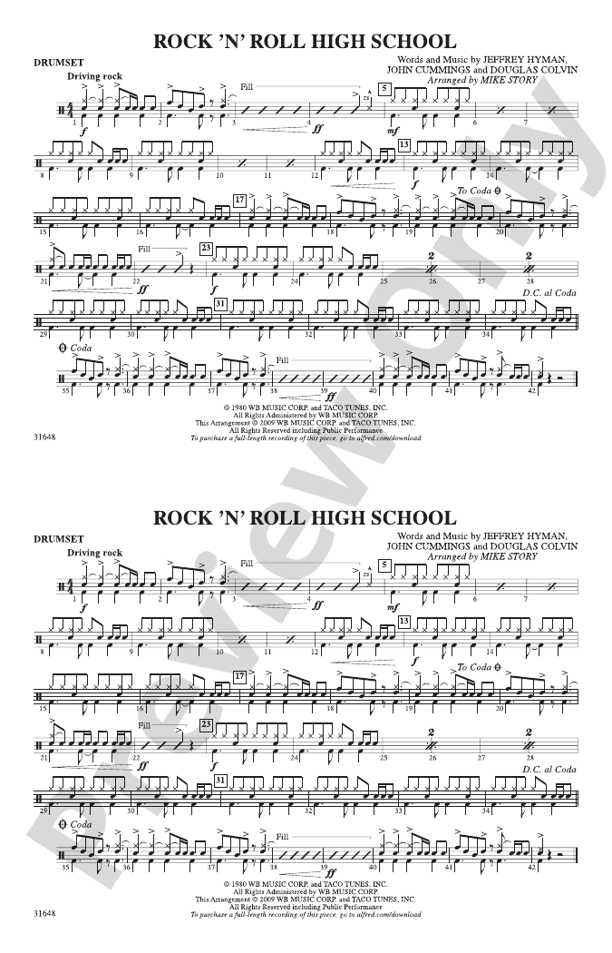 Rock 'N' Roll High School Drumset Drumset Part Digital Sheet Music